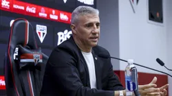 SAO PAULO, BRAZIL - JUNE 24: Newly appointed head coach Hernan Crespo speaks during his unveiling as new coach of Sao Paulo at MorumBIS on June 24, 2025 in Sao Paulo, Brazil. (Photo by Ricardo Moreira/Getty Images)