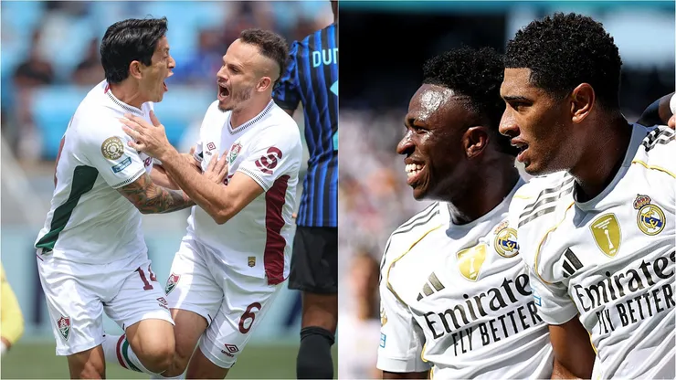 Inteligência artificial colocou o Real Madrid-ESP como favorito em jogo que não acontecerá. Fotos: Marcelo Gonçalves/Fluminense e Francois Nel/Getty Images.