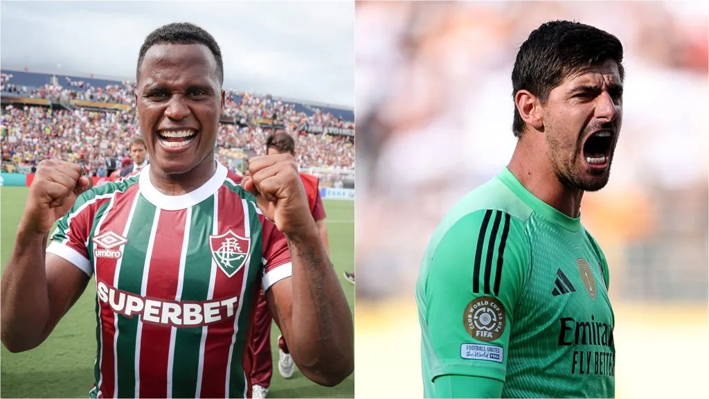 Arias, do Time de Guerreiros, e Courtois, dos merengues. Fotos: Marcelo Gonçalves/Fluminense e Francois Nel/Getty Images.