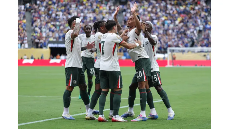 EAST RUTHERFORD, NEW JERSEY - JULY 08: Joao Pedro of Chelsea FC celebrates scoring his team's first goal with teammates during the FIFA Club World Cup 2025 semi-final match between Fluminense FC and Chelsea FC at MetLife Stadium on July 08, 2025 in East Rutherford, New Jersey. (Photo by Buda Mendes/Getty Images)