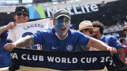 EAST RUTHERFORD, NEW JERSEY - JULY 08: Fans of Chelsea FC pose for a photo from the stands prior to the FIFA Club World Cup 2025 semi-final match between Fluminense FC and Chelsea FC at MetLife Stadium on July 08, 2025 in East Rutherford, New Jersey. (Photo by Alex Grimm/Getty Images)