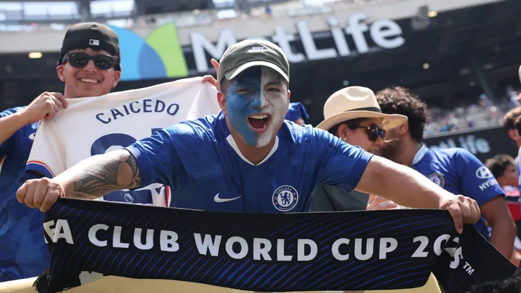 EAST RUTHERFORD, NEW JERSEY - JULY 08: Fans of Chelsea FC pose for a photo from the stands prior to the FIFA Club World Cup 2025 semi-final match between Fluminense FC and Chelsea FC at MetLife Stadium on July 08, 2025 in East Rutherford, New Jersey. (Photo by Alex Grimm/Getty Images)