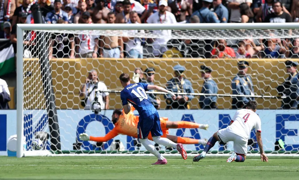 Cole Palmer  of Chelsea FC scores his team’s second goal past Gianluigi Donnarumma #1 of Paris Saint-Germain during the FIFA Club World Cup 2025 Final – (Photo by Dan Mullan/Getty Images)
