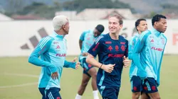 Wesley, Filipe Luís e Plata durante treinamento - Foto: Reprodução/Flamengo