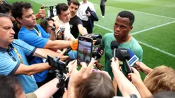 EAST RUTHERFORD, NEW JERSEY - JULY 07: Jhon Arias #21 of Fluminense FC speaks to the media during a Fluminense FC Training Session ahead of their FIFA Club World Cup 2025 Semi-Final match between Fluminense FC and Chelsea FC at MetLife Stadium on July 07, 2025 in East Rutherford, New Jersey. (Photo by Dan Mullan/Getty Images)
