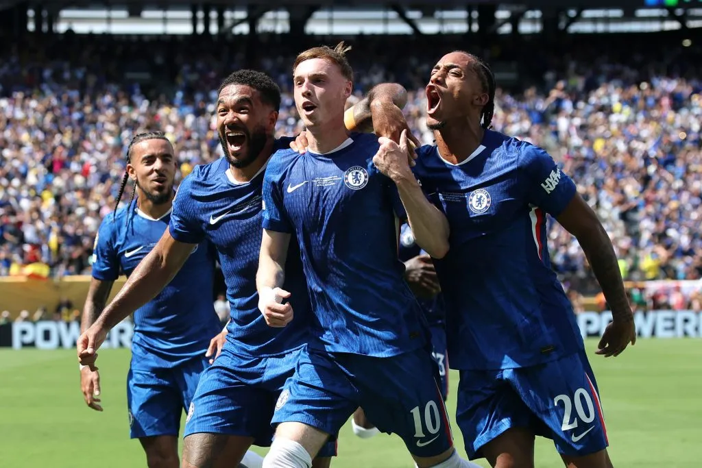 EAST RUTHERFORD, NEW JERSEY – JULY 13: Cole Palmer #10 of Chelsea FC celebrates scoring his team’s second goal with team mates Joao Pedro #20 of Chelsea FC and Reece James #24 of Chelsea FC during the FIFA Club World Cup 2025 Final match between Chelsea FC and Paris Saint-Germain at MetLife Stadium on July 13, 2025 in East Rutherford, New Jersey. (Photo by Alex Grimm/Getty Images)