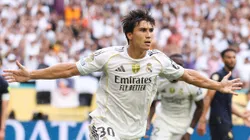 MIAMI GARDENS, FLORIDA - JULY 01: Gonzalo Garcia #30 of Real Madrid C.F. celebrates scoring his team's first goal during the FIFA Club World Cup 2025 round of 16 match between Real Madrid CF and Juventus FC at Hard Rock Stadium on July 01, 2025 in Miami Gardens, Florida. (Photo by Megan Briggs/Getty Images)