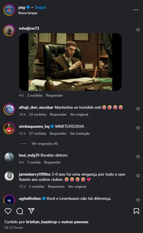 Torcedores do Chelsea provocam os rivais do PSG nas redes com gifs e memes dos principais jogadores da equipe. Foto: Print comentários Instagram – PSG