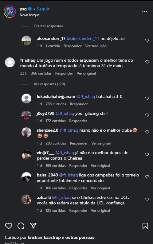 Print de comentários do Chelsea provocando ao PSG após conquista do Mundial