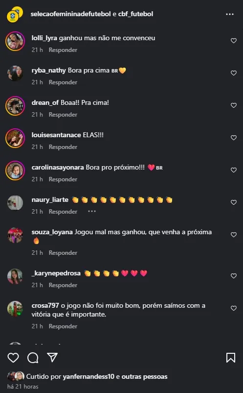 Print comentários no Instagram oficial da Seleção Brasileira