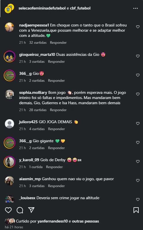 Print de comentários dos torcedores exaltando a atuação de Gio Queiroz destaque do jogo