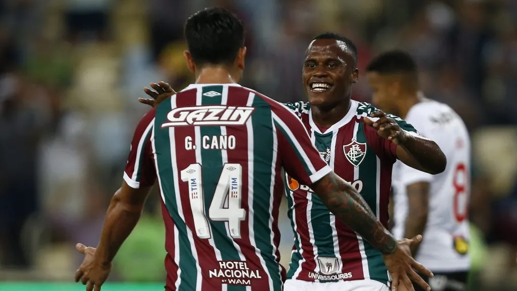 RIO DE JANEIRO, BRAZIL – JUNE 08: Jhon Arias of Fluminense celebrates after scoring the first goal of his team with German Cano during the match between Fluminense and Atletico Mineiro at Maracana Stadium on June 8, 2022 in Rio de Janeiro, Brazil. (Photo by Wagner Meier/Getty Images)