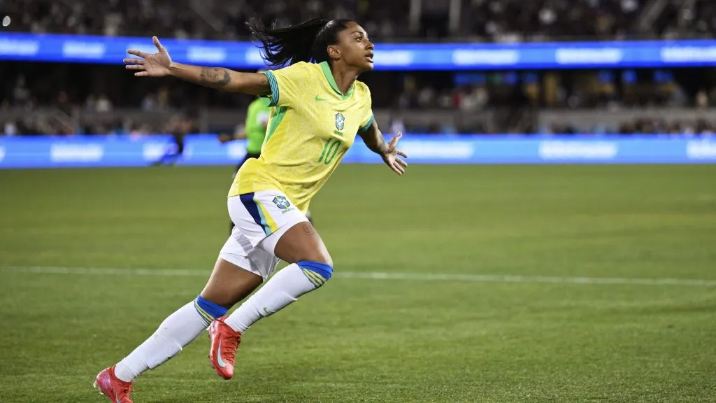 SAN JOSE, CALIFORNIA – APRIL 08: Kerolin #10 of Brazil celebrates her goal against the United States in the first half at PayPal Park on April 08, 2025 in San Jose, California. (Photo by Eakin Howard/Getty Images)