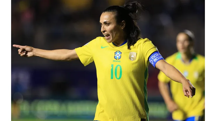 QUITO, ECUADOR - JULY 13: Marta Vieira of Brazil gestures during the CONMEBOL Copa America Femenina 2025 match between Brazil and Venezuela at Estadio Gonzalo Pozo Ripalda on July 13, 2025 in Quito, Ecuador. (Photo by Franklin Jacome/Getty Images)