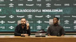 Mário Bittencourt e Jhon Arias em entrevista coletiva. Foto: Lucas Merçon/Fluminense.
