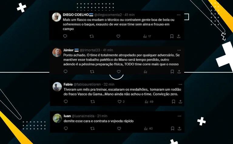 Print comentários da torcida do Grêmio no X (antigo twitter) desabafando sobre o resultado frustrante contra o Vascão fora de casa