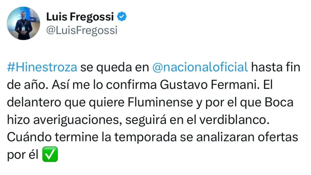 Informação publicada pelo jornalista argentino no ‘X’ – Foto: Reprodução/X