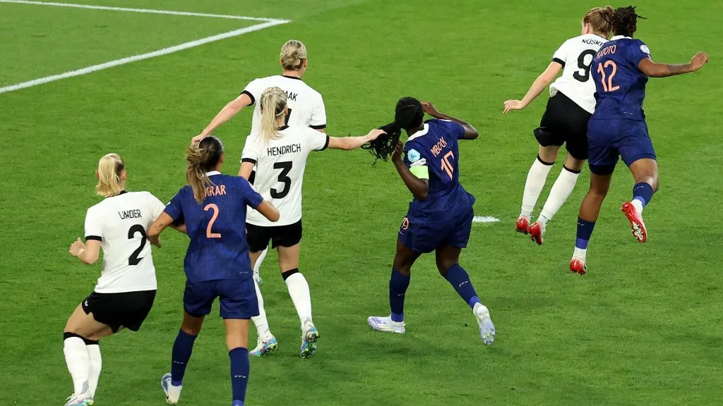 BASEL, SWITZERLAND – JULY 19: Kathrin Hendrich of Germany pulls the hair of Griedge Mbock Bathy of France, which later results in a red card for Kathrin Hendrich following a VAR review, during the UEFA Women’s EURO 2025 Quarter-Final match between France and Germany at St. Jakob-Park on July 19, 2025 in Basel, Switzerland. (Photo by Charlotte Wilson/Getty Images)