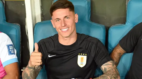 Brian Rodríguez durante partida entre Brasil e Uruguai, na Fonte Nova, pelas Eliminatórias para a Copa do Mundo de 2026.