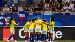 Brasileiras comemoram gol marcado em partida diante da França. Foto: Eurasia Sport Images/Just Pictures/Sipa USA