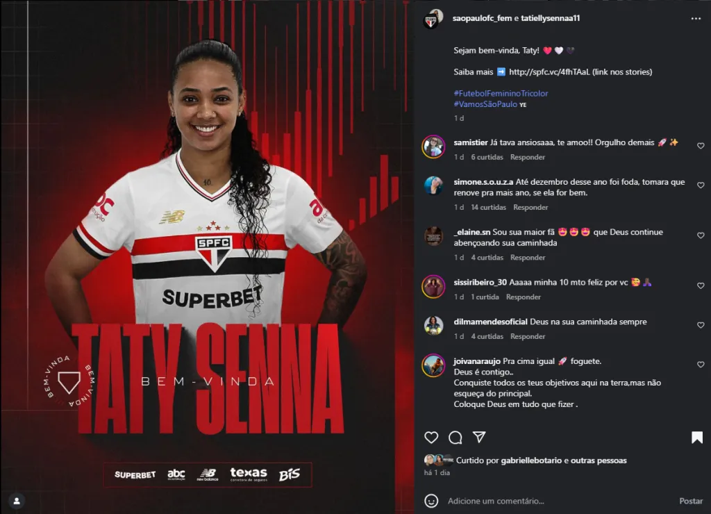 Anuncio oficial da chegada da nova atacante Tricolor, Taty Senna. Foto: Divulgação redes sociais/São Paulo