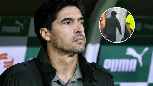 Abel Ferreira fica irritado e chuta o microfone após vitória do Palmeiras sobre o Grêmio no Allianz Parque. FotoxFoto: Abel Ferreira 1 (AGIF) x Abel 2 (Reprodução)