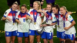 BASEL, SWITZERLAND - JULY 27: Alessia Russo, Georgia Stanway, Leah Williamson, Keira Walsh, Ella Toone and Beth Mead of England pose for a photograph with the UEFA Women's EURO trophy after their team's victory in the UEFA Women's EURO 2025 Final match between England and Spain at St. Jakob-Park on July 27, 2025 in Basel, Switzerland. (Photo by Matthias Hangst/Getty Images)