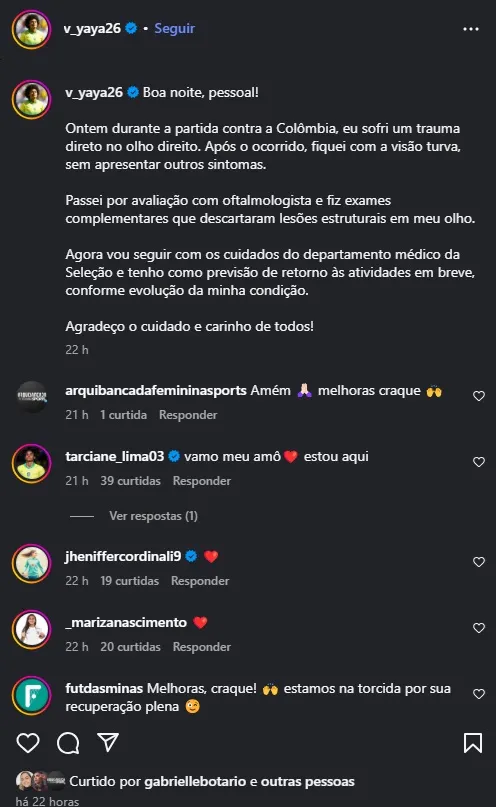 Print redes sociais comentários e pos oficial da jogadora/v_yaya26