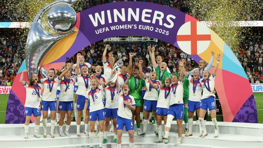 BASEL, SWITZERLAND – JULY 27: Leah Williamson and Keira Walsh of England lift the UEFA Women’s EURO trophy after their team’s victory in during the UEFA Women’s EURO 2025 Final match between England and Spain at St. Jakob-Park on July 27, 2025 in Basel, Switzerland. (Photo by Alexander Hassenstein/Getty Images)
