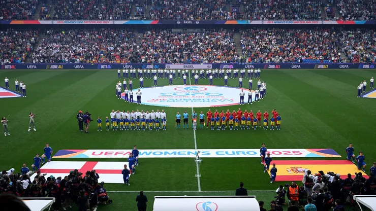 BASEL, SWITZERLAND - JULY 27: A general view as players, match officials and mascots line up prior to the UEFA Women's EURO 2025 Final match between England and Spain at St. Jakob-Park on July 27, 2025 in Basel, Switzerland. (Photo by Matthias Hangst/Getty Images)