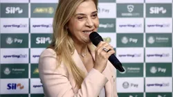 SP - SAO PAULO - 14/01/2025 - PALMEIRAS, APRESENTACAO FACUNDO TORRES - O dirigente Leila Pereira fala aos jornalistas durante apresentacao oficial de Facundo Torres como jogador do Palmeiras em coletiva de imprensa realizada no CT Academia de Futebol. Foto: Marcello Zambrana/AGIF