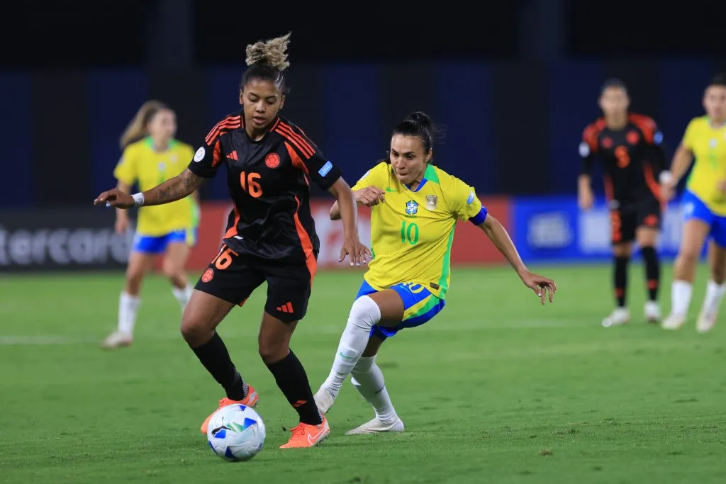 QUITO, ECUADOR – JULY 25: Jorelyn Carabali of Colombia battles for possession against Marta Vieira of Brazil during the CONMEBOL Copa America Femenina 2025 match between Brazil and Colombia at Estadio Banco Guayaquil on July 25, 2025 in Quito, Ecuador.  (Photo by Franklin Jacome/Getty Images)