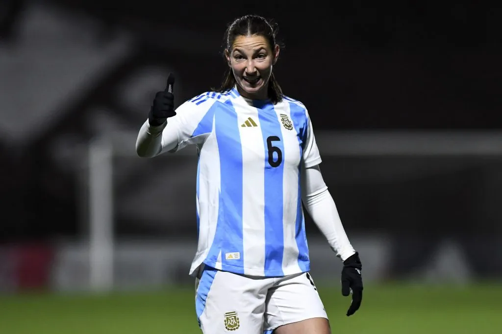 Aldana Cometti of Argentina gestures during a Women’s International Friendly between Argentina and Costa Rica at Estadio Ciudad de Vicente Lopez on June 3, 2024 in Vicente Lopez, Argentina. (Photo by Rodrigo Valle/Getty Images)