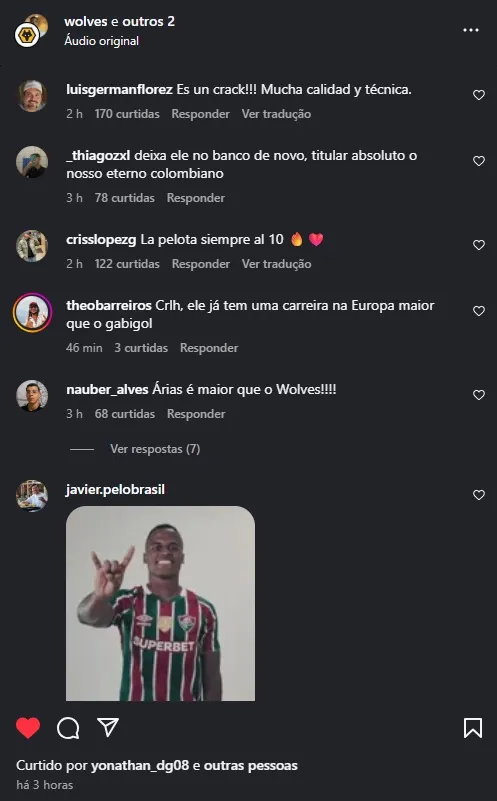 Printe comentários dos torcedores tricolores que invadiram as redes da equipe inglesa/Instagram Wolves