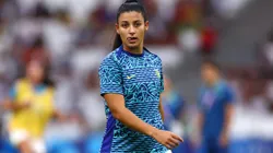 MARSEILLE, FRANCE - AUGUST 06: Duda Sampaio #5 of Team Brazil warms up prior to the Women's semifinal match between Brazil and Spain during the Olympic Games Paris 2024 at Stade de Marseille on August 06, 2024 in Marseille, France. (Photo by Phil Walter/Getty Images)