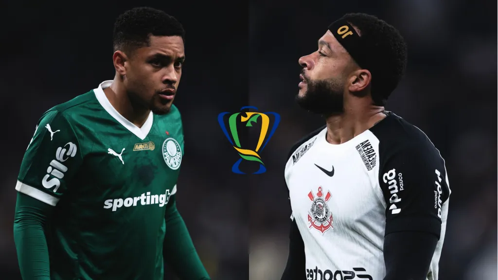 Vitor Roque do Palmeiras e Memphis Depay do Corinthians – Foto: AGIF