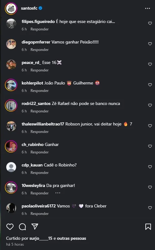 Print comentários da torcida nas redes sociais do Santos/Instagram