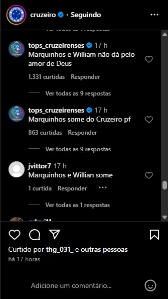 Print comentários ácidos da torcida celeste nas redes do Cruzeiro/Instagram