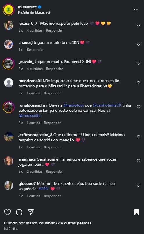 Print comentários nas redes dos torcedores do Flamengo elogiando o Mirassol/Instagram