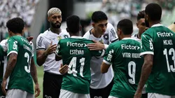 Jogadores se cumprimentam apos execucao do hino nacional antes da partida contra o Botafogo no estadio Arena Allianz Parque pelo campeonato Brasileiro A 2025. Foto: Fabio Giannelli/AGIF