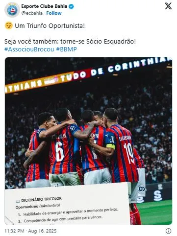 Bahia provoca Corinthians. Foto: Reprodução/X oficial Bahia