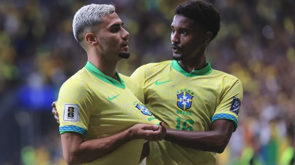 Andreas Pereira comemora seu gol durante partida contra o Peru no estadio Mané Garrincha ,pelas Eliminatórias Copa Do Mundo 2026. Foto: Ettore Chiereguini/AGIF