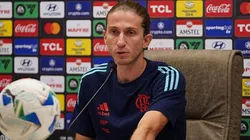 Filipe Luís durante entrevista coletiva após jogo entre Central Córdoba e Flamengo, no Estádio Unico Madre de Ciudades, pela Libertadores. Foto: Joaquín Camiletti