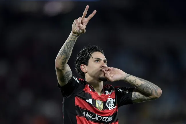 Pedro, jogador do Flamengo, comemora seu gol durante partida contra o Vitoria no estadio Maracanã pelo Campeonato Brasileiro A 2025. Foto: Thiago Ribeiro/AGIF