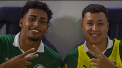 Jogadores do Palmeiras Luighi e Thalys durante entrada em campo para partida contra o Novorizontino no estadio Arena Barueri pelo campeonato Paulista 2025. Foto: Anderson Romao/AGIF