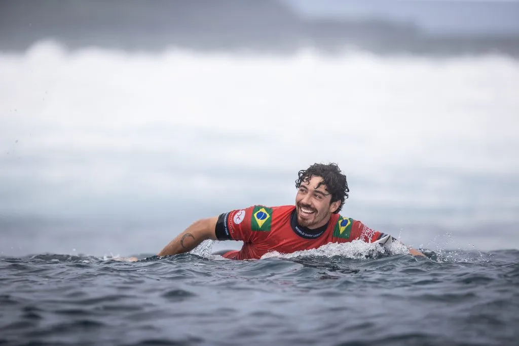 TEAHUPO’O, FRENCH POLYNESIA – AUGUST 15: Yago Dora of Brazil reacts after winning their Round of 16 heat during the 2023 Shiseido Tahiti Pro on August 15, 2023 in Teahupo’o, French Polynesia. (Photo by Ryan Pierse/Getty Images)