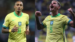 Raphinha e Bruno Guimarães em ação pela Seleção Brasileira - Fotos: Marlon Costa/AGIF e Foto: Ettore Chiereguini/AGIF