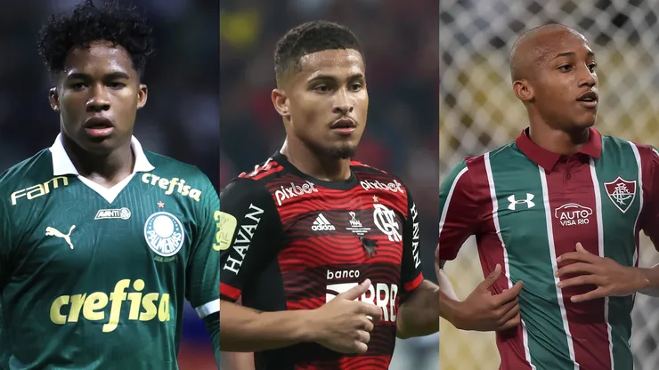 Endrick, João Gomes e João Pedro nos clubes que os revelaram. Fotos: Marcello Zambrana/AGIF; Marcello Zambrana/AGIF; Thiago Ribeiro/AGIF