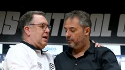 Presidente Marcelo Teixeira ao lado de Alexandre Mattos durante sua apresentacao oficial em coletiva de imprensa realizada no Vila Belmiro. Foto: Mauricio De Souza/AGIF