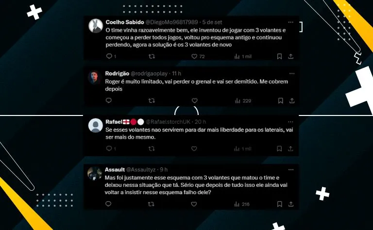 Print comentários dos torcedores do X (antigo Twitter)